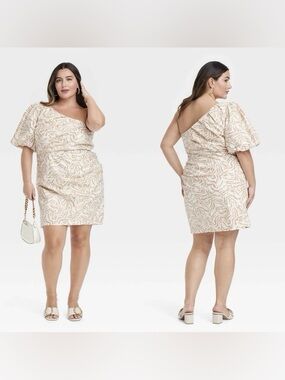 Women’s A New Day One Shoulder Mini A-Line Dress Cream Abstract Sz 14